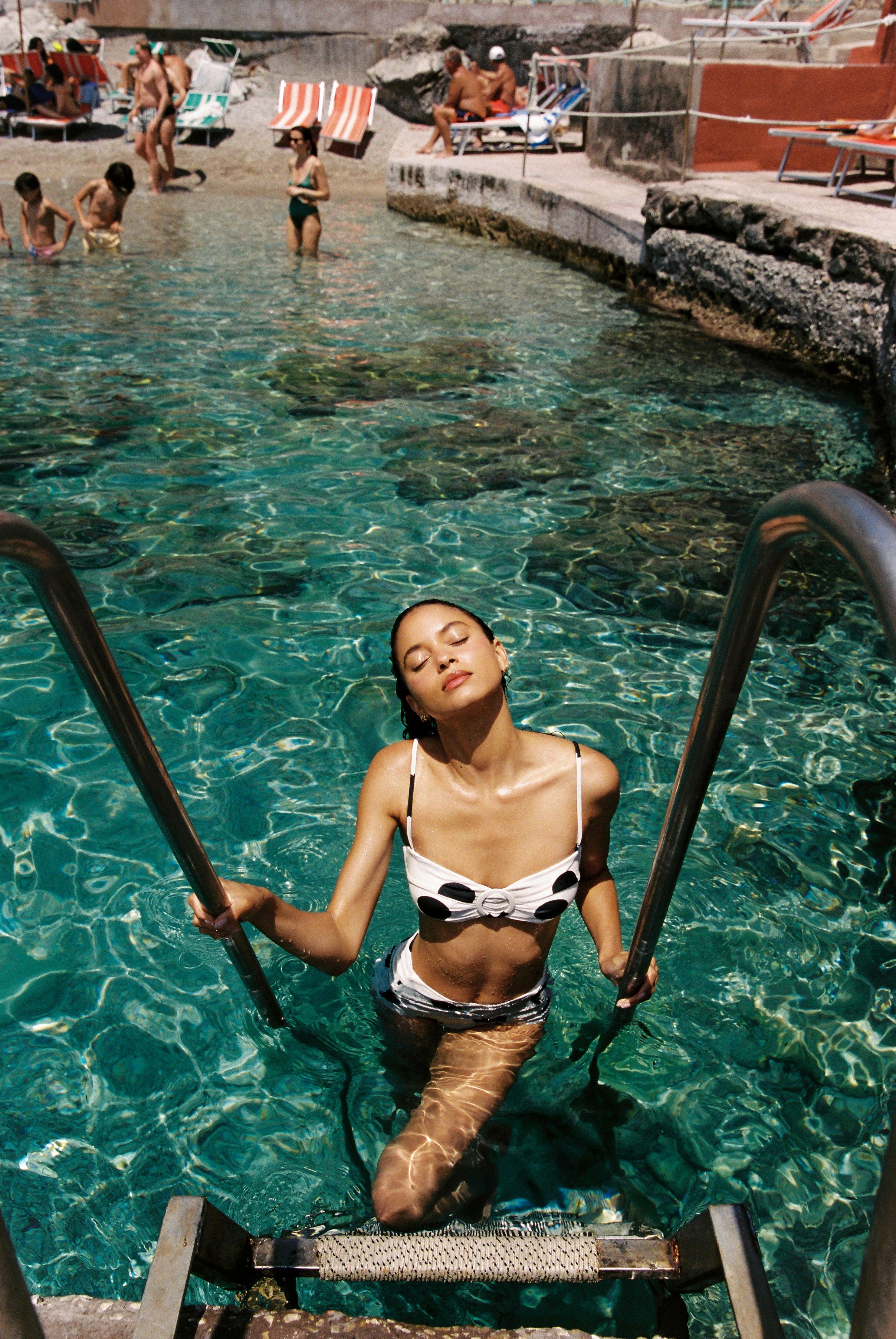 Aura - Bikini in White / Black Polka Dot — swimming at the cove steps