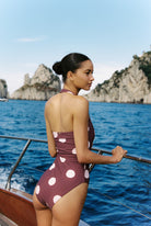 Monopoli - One-Piece in Plum / Pink Polka Dot — back view