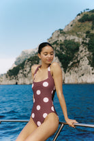 Monopoli - One-Piece in Plum / Pink Polka Dot — front portrait