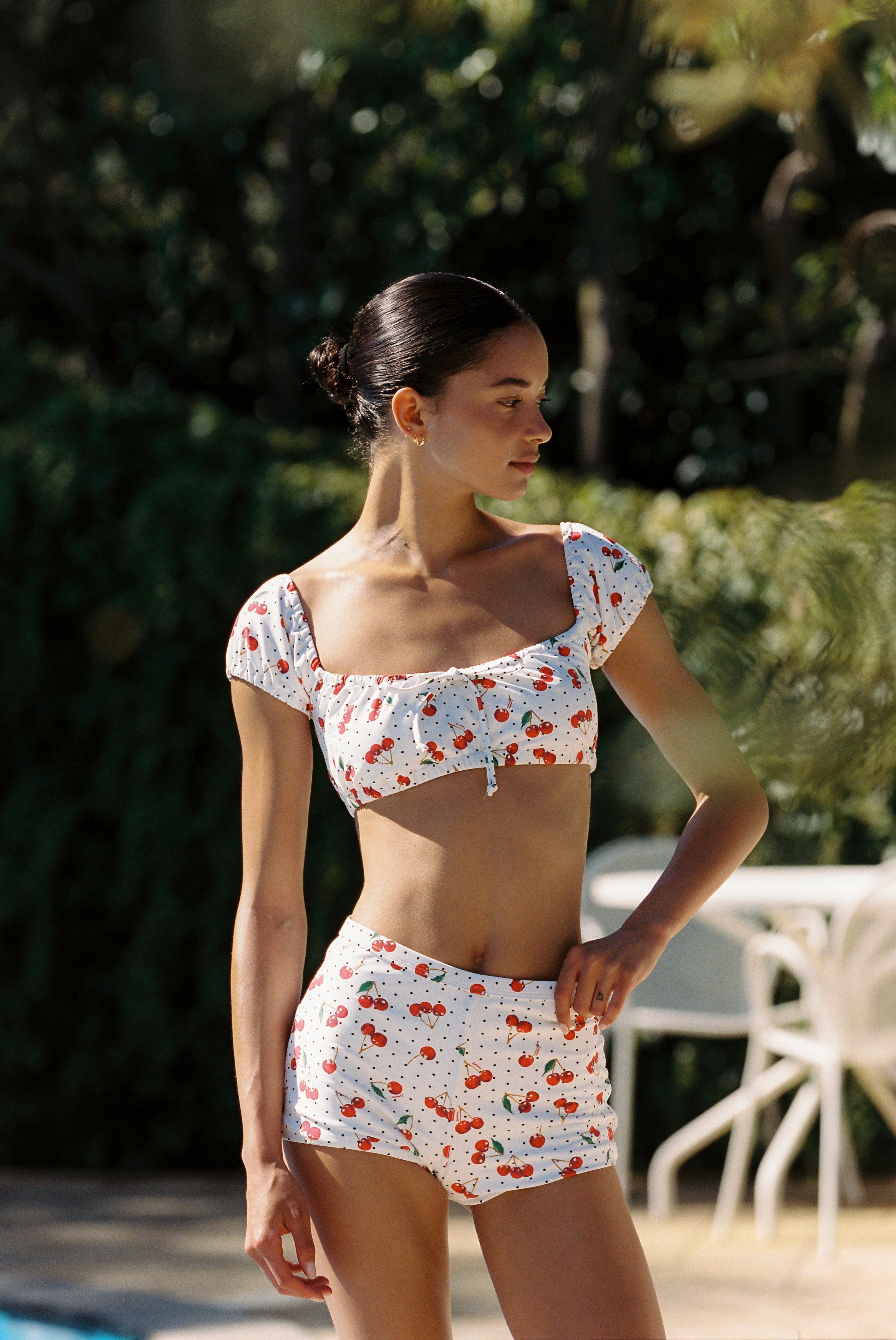 Dolce - Bikini in White Cherry — front view with Top and Shorts
