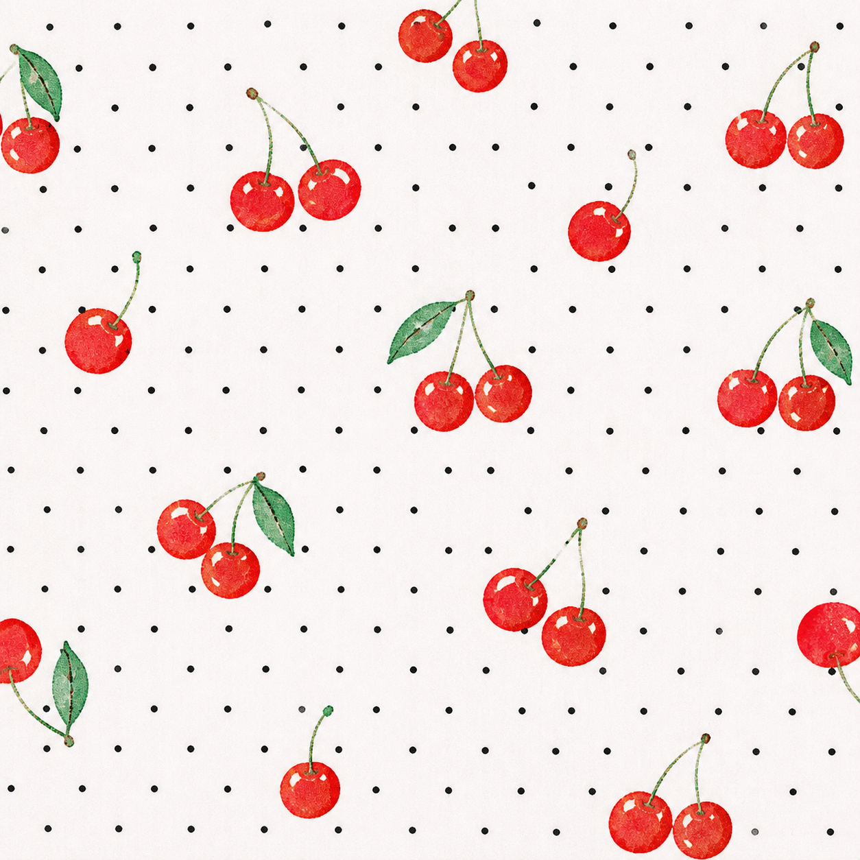 Vita White cherry print fabric swatch, corrected motif scale